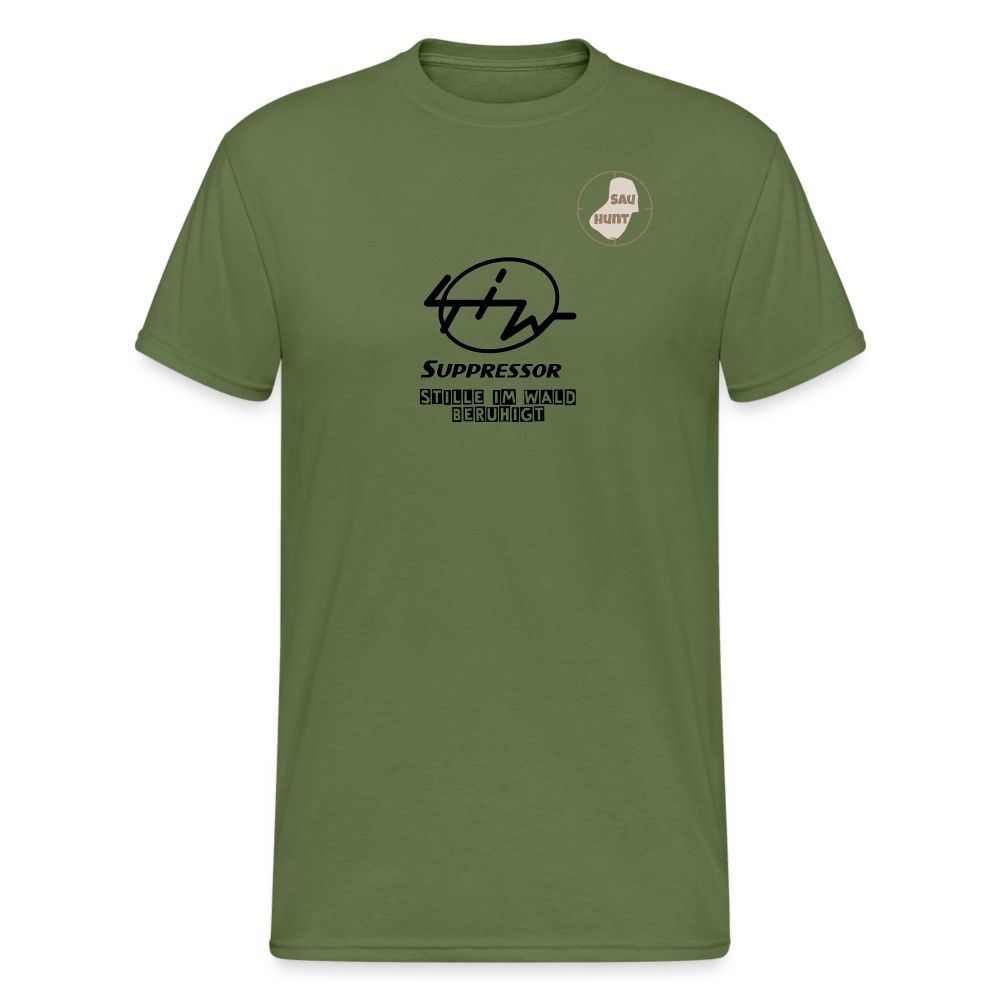 SauHunt T-Shirt (Gildan) - Stille im Wald - Militärgrün